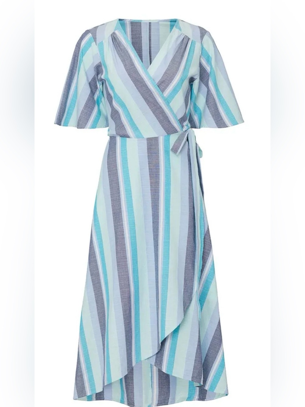 bobeau Striped Wrap Midi Dress in Aqua, Light Blue and Gray - Picture 4 of 8